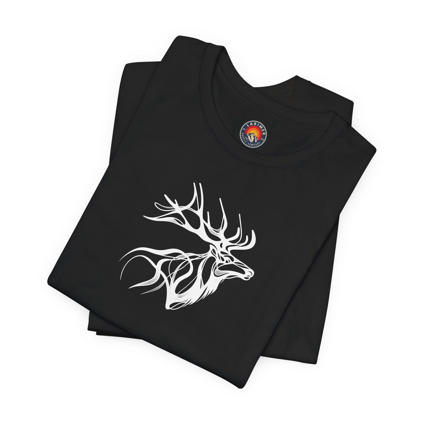 Elk Sketch Line Art T-Shirt – White Print – Wilderness Graphic Tee | Outdoor Adventure Shirt | Nature Lover Gift | Hiking & Camping Apparel