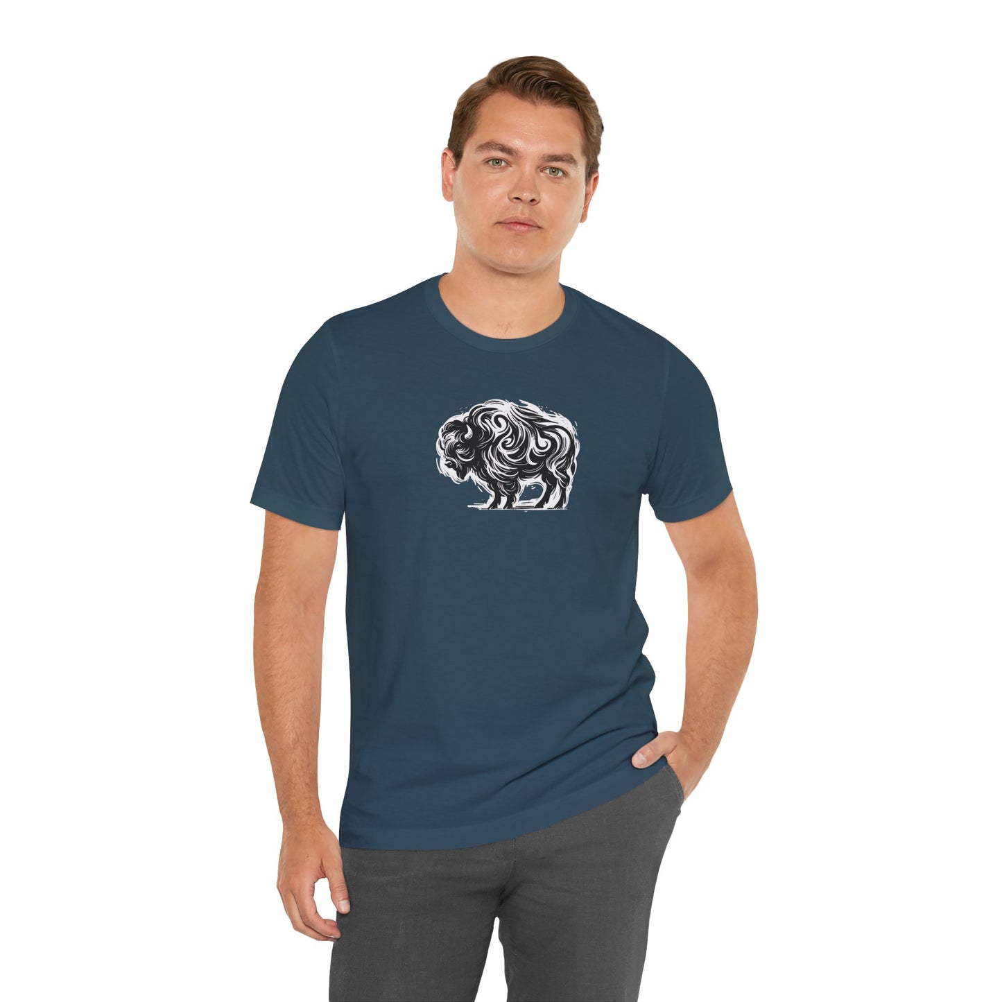 Buffalo Sketch Line Art T-Shirt –White Print– Wilderness Graphic Tee | Outdoor Adventure Shirt | Nature Lover Gift | Hiking & Camping Apparel