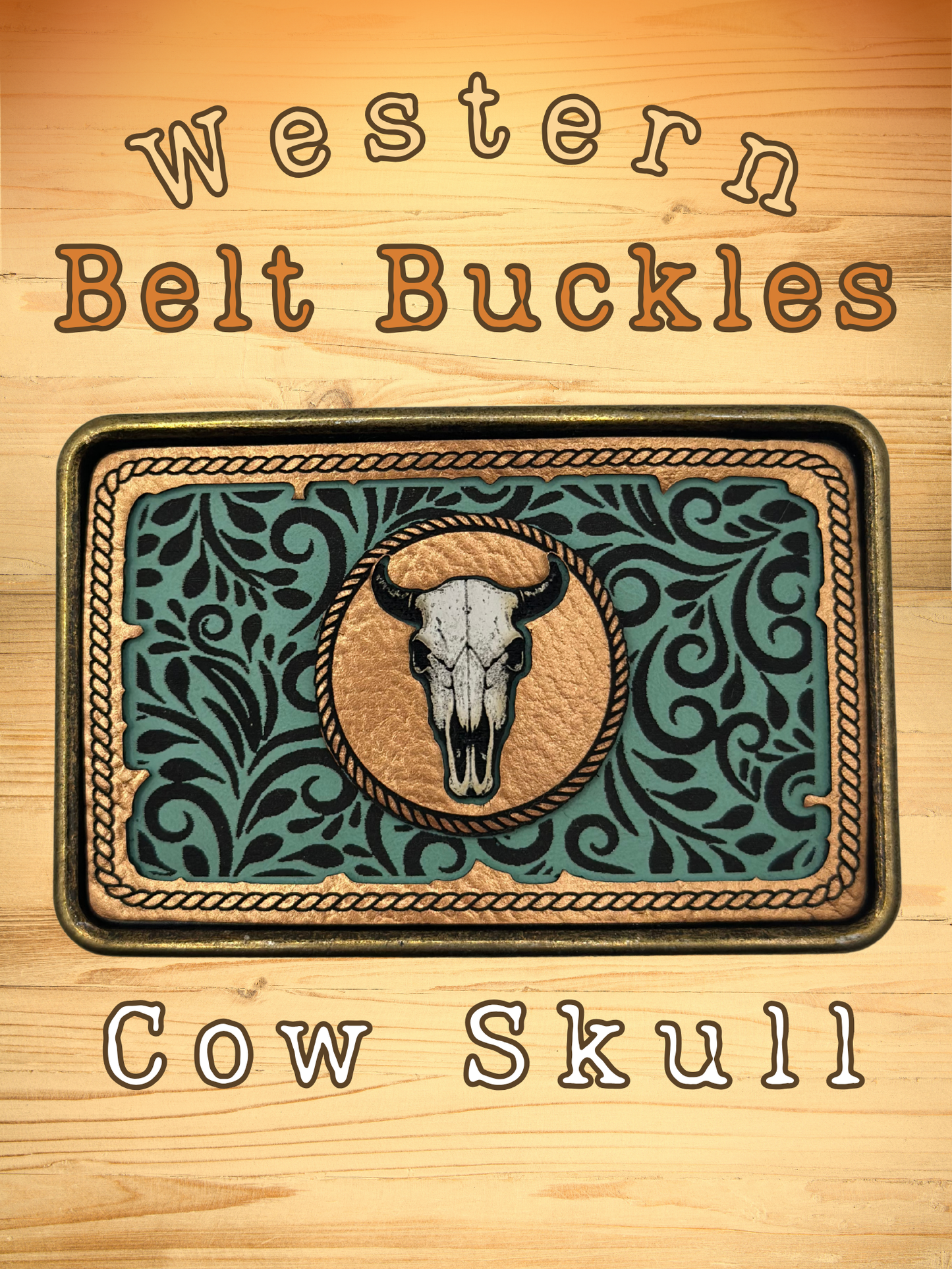 "Cow skull Western belt buckle with brass finish and turquoise scrollwork"