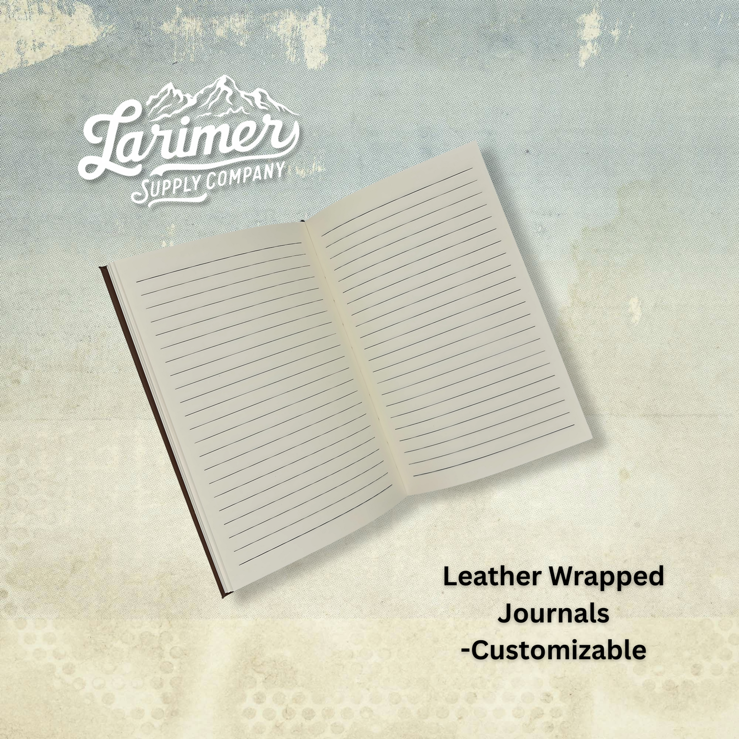 Customizable journal wrapped in rawhide leatherette, opened and showing premium wide-ruled paper and engraved by Larimer Supply Company