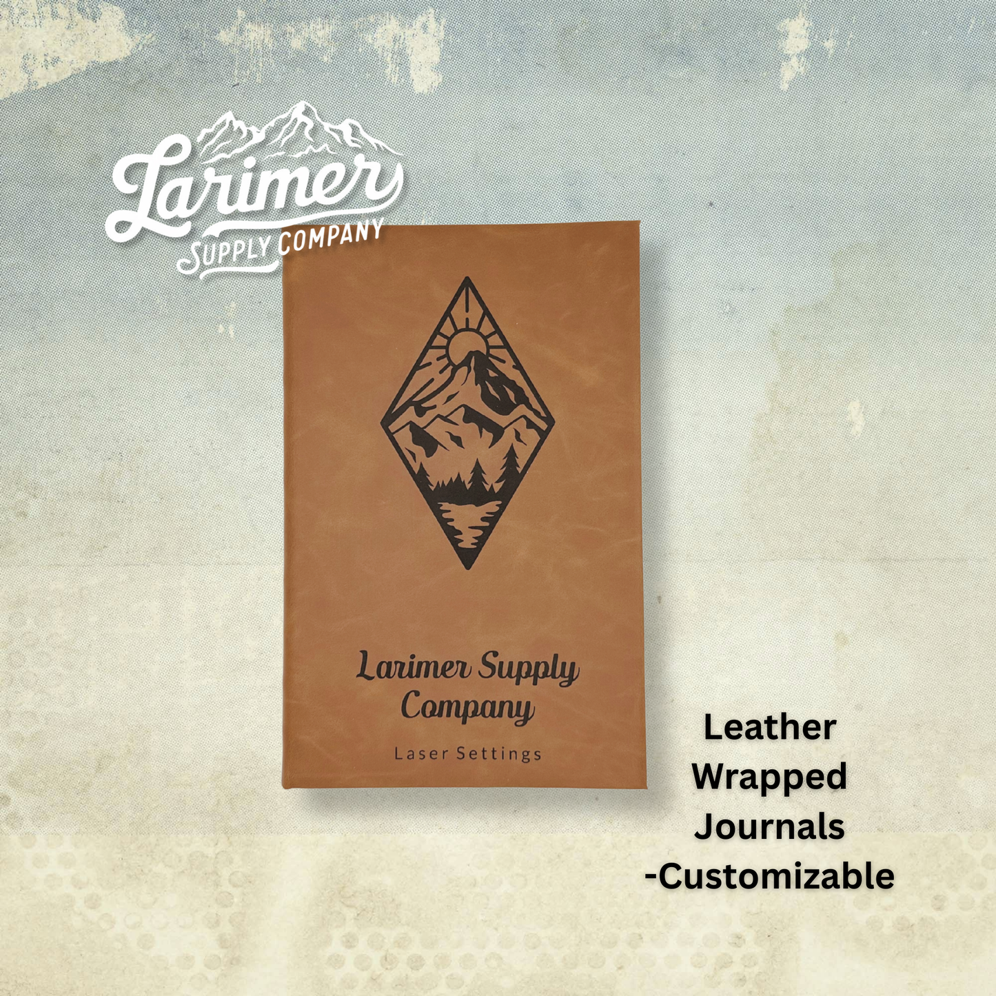 Customizable journal wrapped in rawhide leatherette, engraved by Larimer Supply Company with a company logo