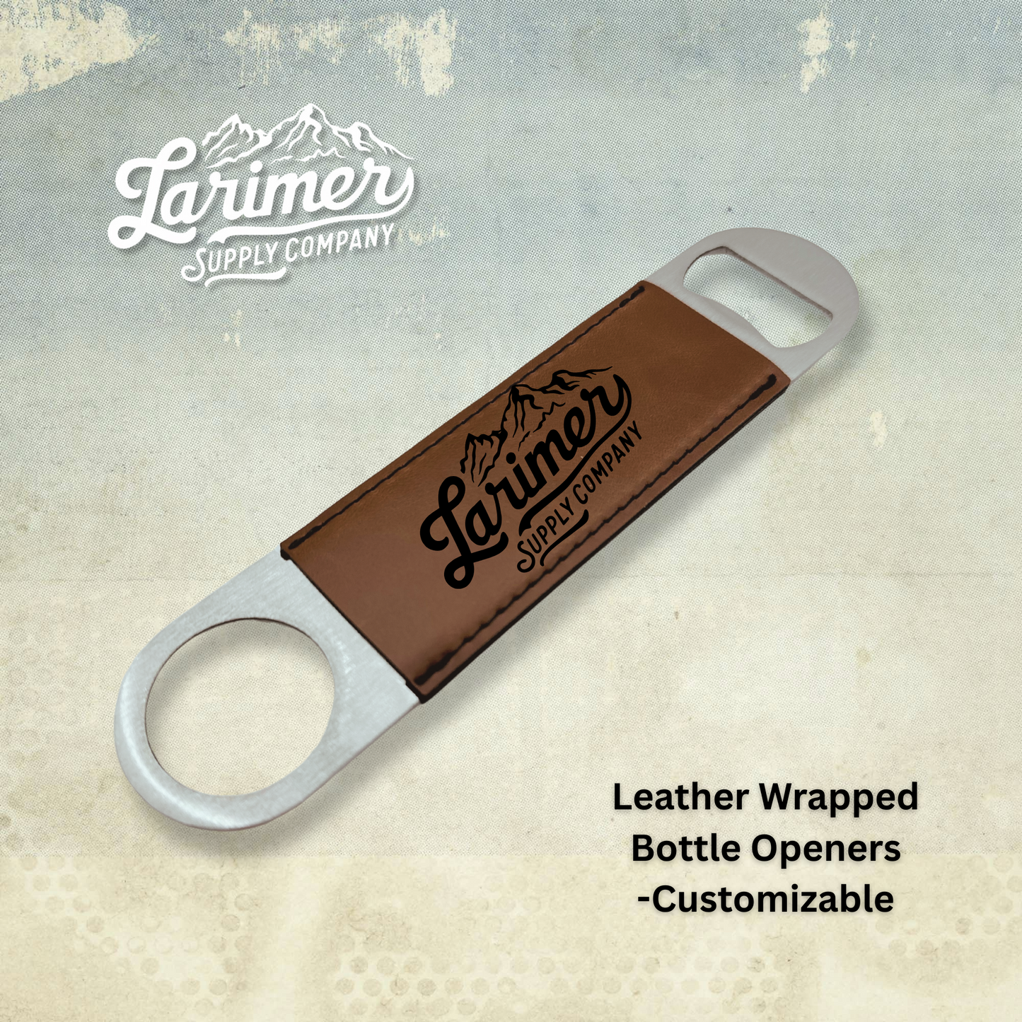 Custom walnut leather wrapped bottle opener featuring a custom engraved logo, perfect for groomsmen gifts and father's day, created by Larimer Supply Company