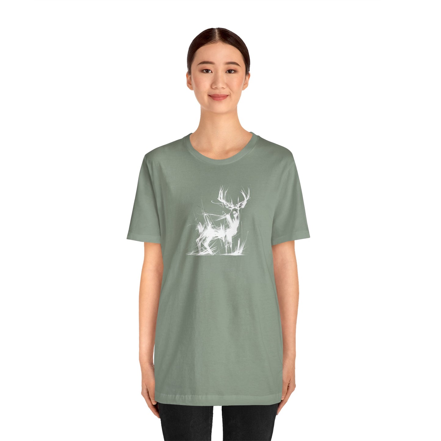 Mule Deer Sketch-Style Line Art T-Shirt – White Print – Wilderness Graphic Tee | Outdoor Adventure Shirt | Nature Lover Gift | Hiking & Camping Apparel
