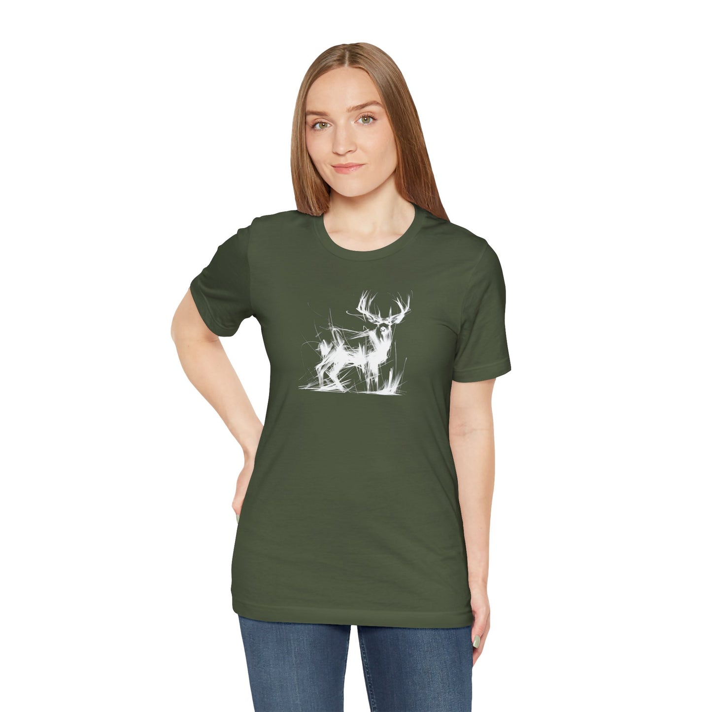 Mule Deer Sketch-Style Line Art T-Shirt – White Print – Wilderness Graphic Tee | Outdoor Adventure Shirt | Nature Lover Gift | Hiking & Camping Apparel
