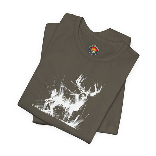 Mule Deer Sketch-Style Line Art T-Shirt – White Print – Wilderness Graphic Tee | Outdoor Adventure Shirt | Nature Lover Gift | Hiking & Camping Apparel