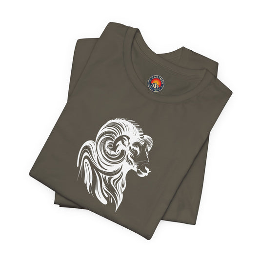 Longhorn Sheep Ram Sketch Line Art T-Shirt – White Print – Wilderness Graphic Tee | Outdoor Adventure Shirt | Nature Lover Gift | Hiking & Camping Apparel