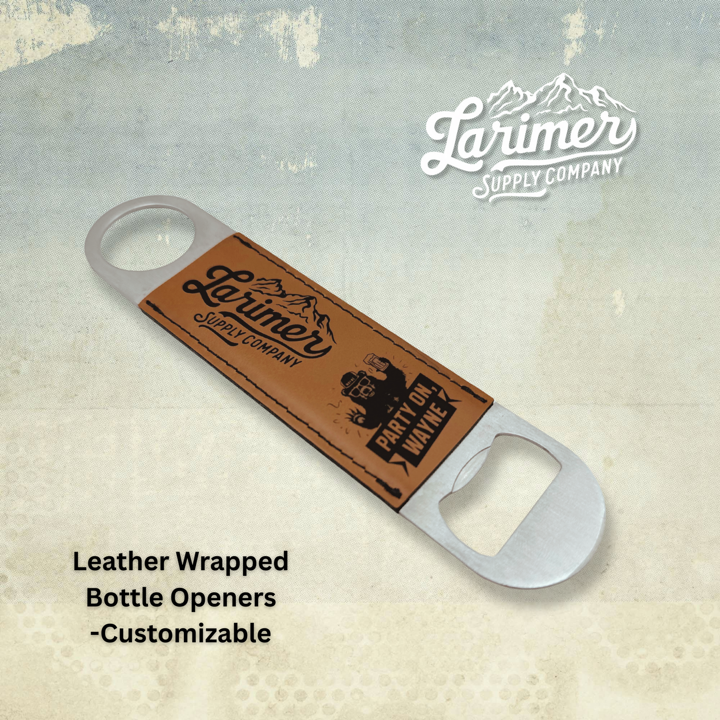 Custom leather wrapped bottle opener in rawhide featuring a custom engraved logo, perfect for groomsmen and father's day gifts, created by Larimer Supply Company