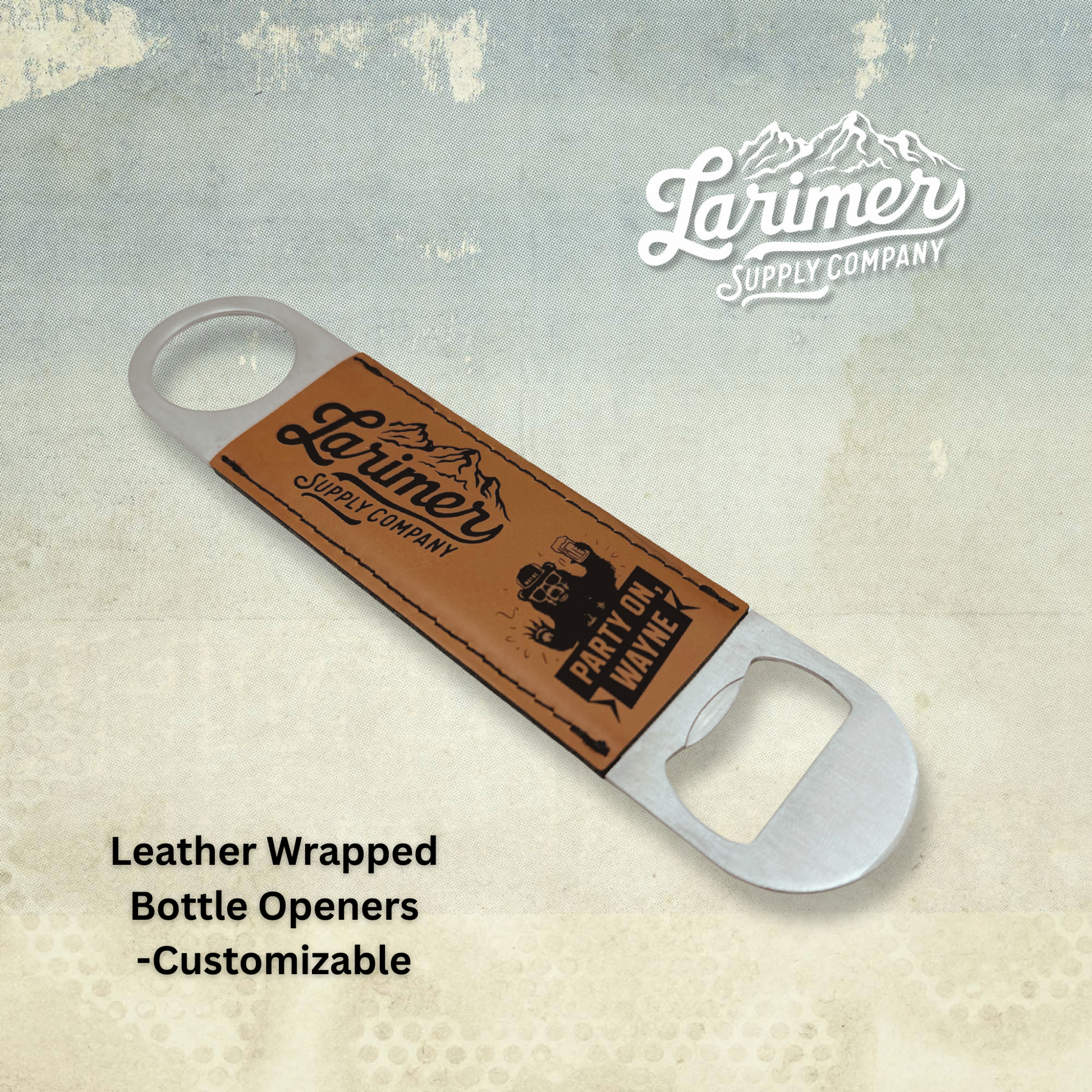 Custom leather wrapped bottle opener in rawhide featuring a custom engraved logo, perfect for groomsmen and father's day gifts, created by Larimer Supply Company