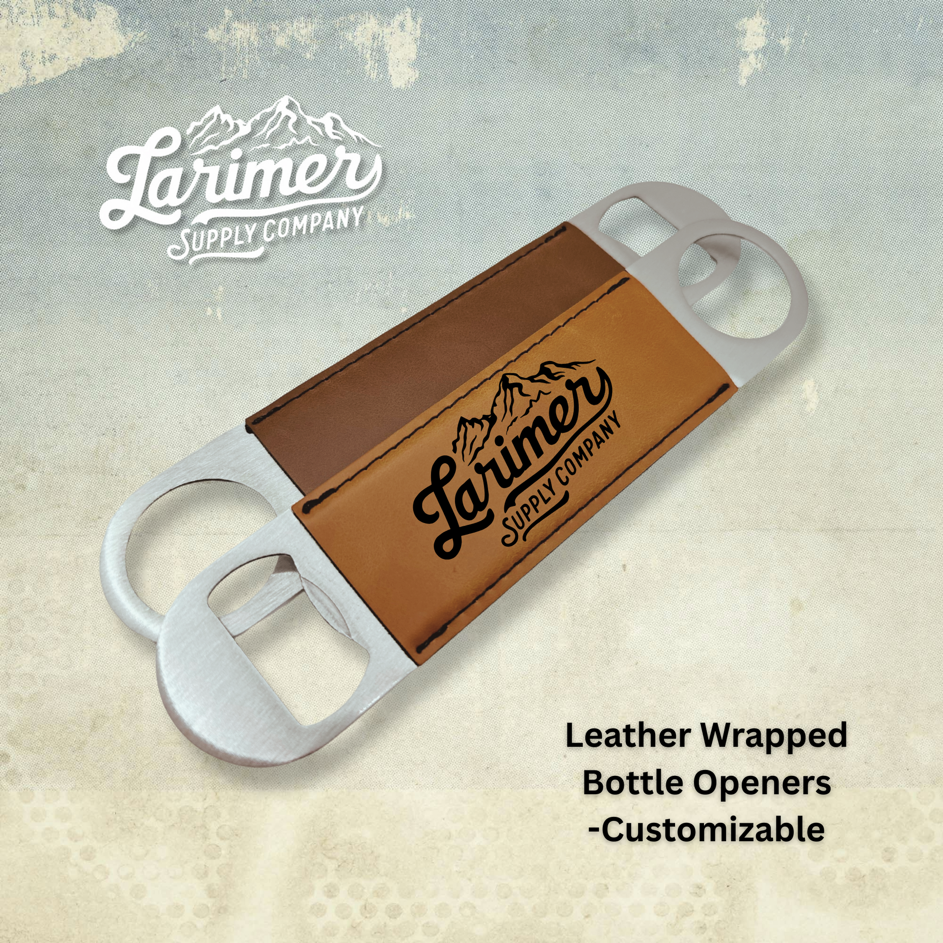 Custom leather wrapped bottle openers in rawhide and walnut featuring a custom engraved logo, perfect for wedding gifts and housewarmings, created by Larimer Supply Company